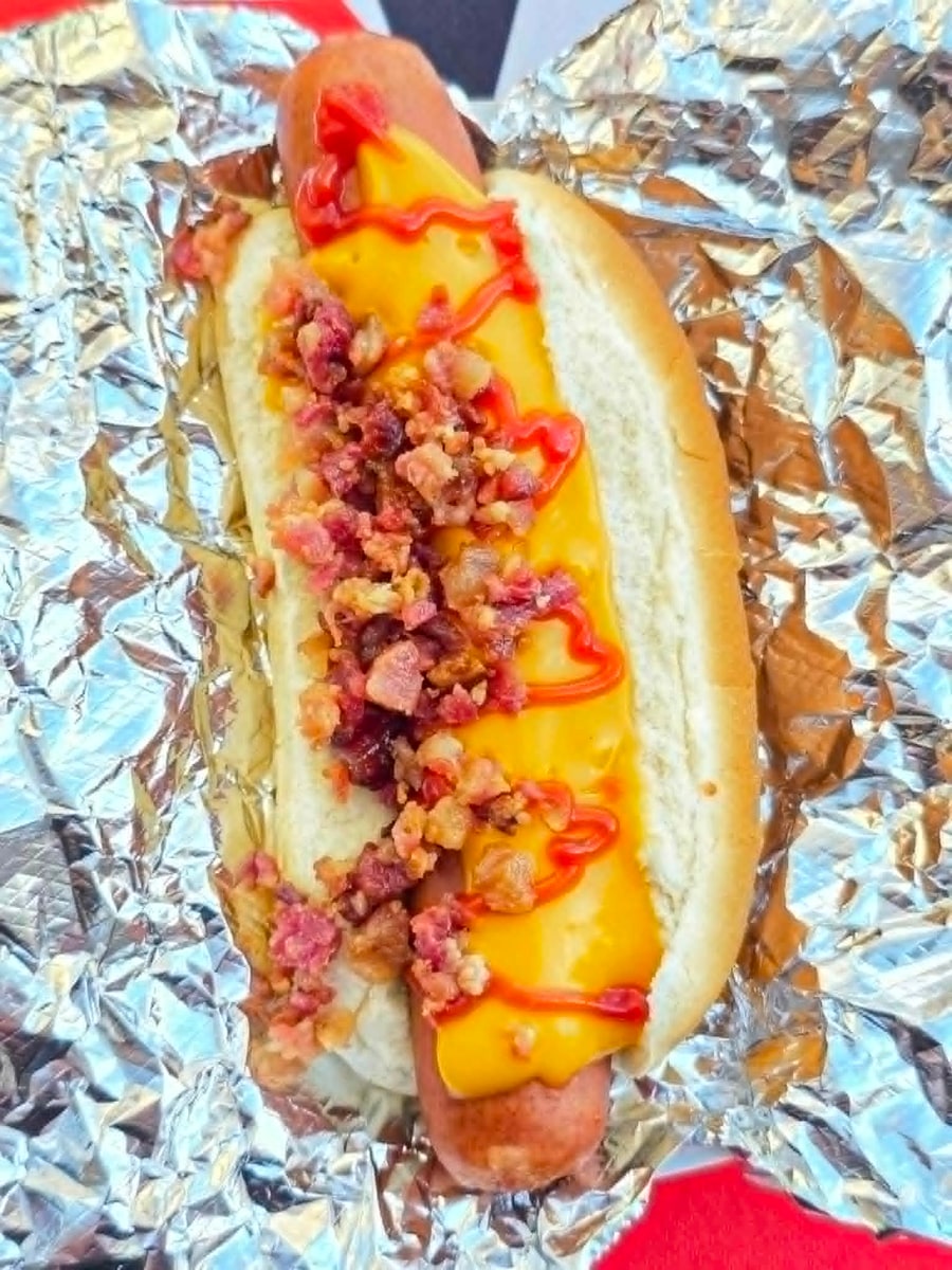Hot dog topped with melted cheddar, bacon pieces, and a ketchup drizzle