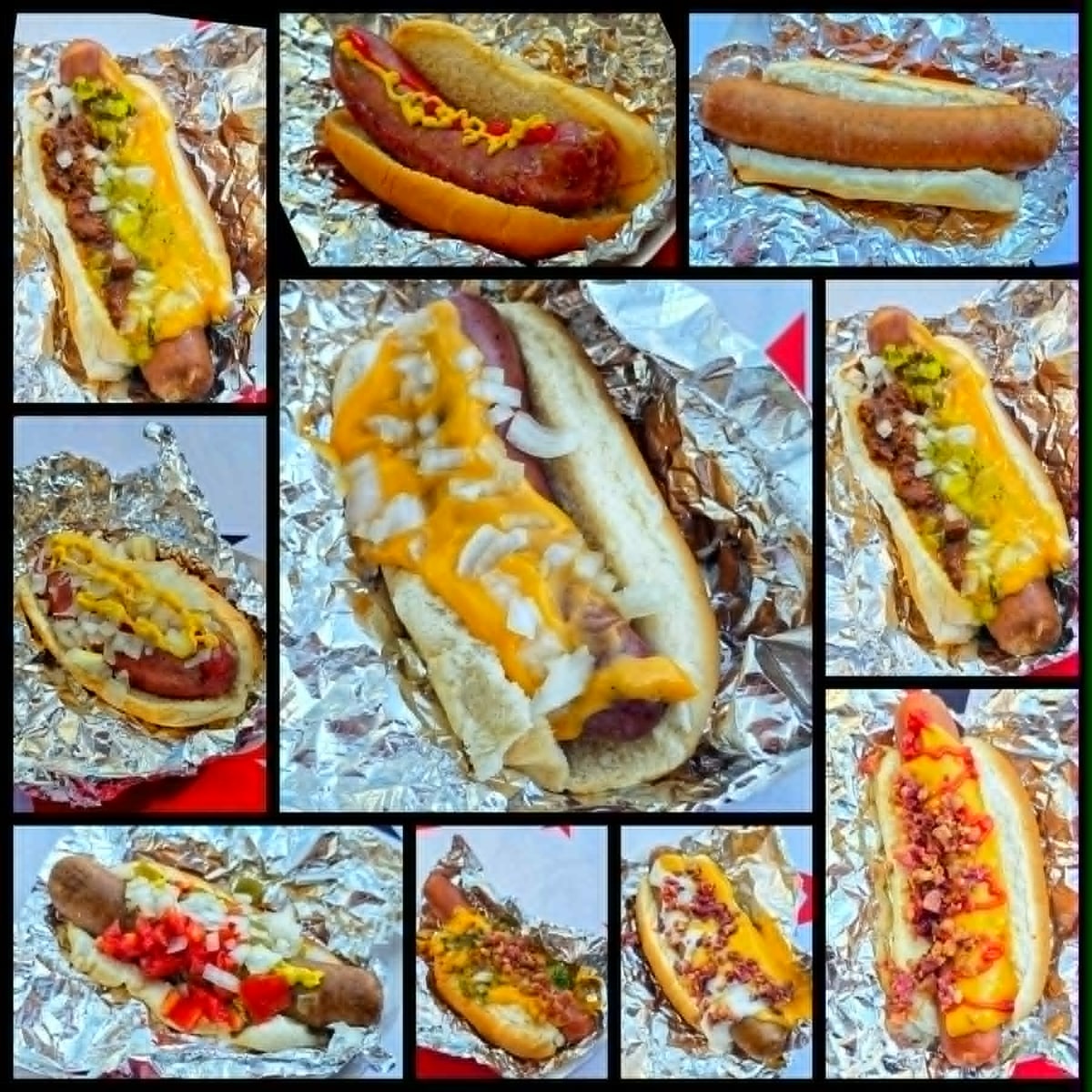 The Sugar Rush hot dog line-up, each one topped differently and wrapped in foil